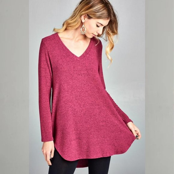 Two-Tone Hacci V-Neck Blouse Top Raspberry - Picture 2 of 3